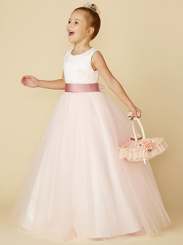 Long Princess Satin Tulle Wedding Birthday Pageant Flower Girl Dresses