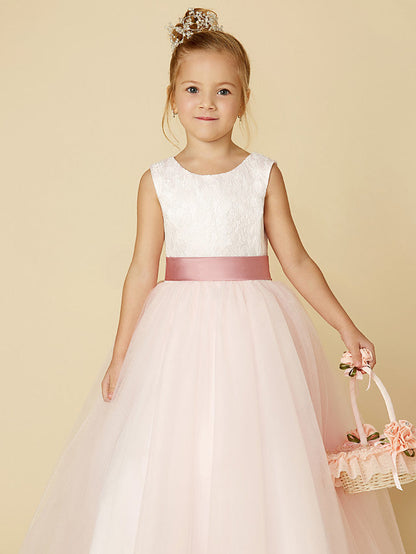 Long Princess Satin Tulle Wedding Birthday Pageant Flower Girl Dresses