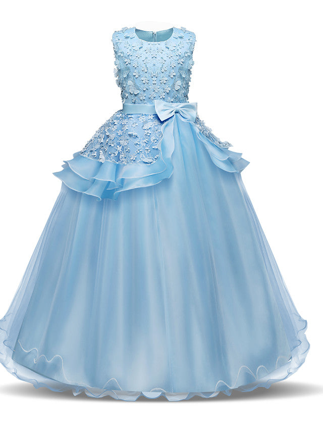 Long Princess Satin Tulle Wedding First Communion Flower Girl Dresses