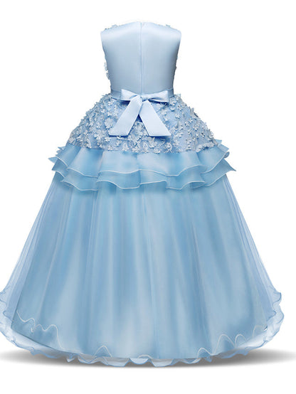 Long Princess Satin Tulle Wedding First Communion Flower Girl Dresses