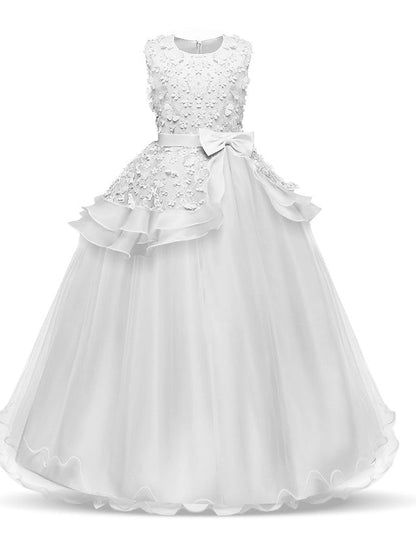 Long Princess Satin Tulle Wedding First Communion Flower Girl Dresses