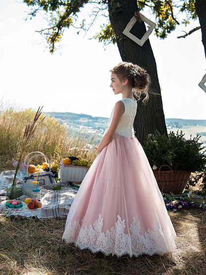 Long Princess Tulle Cotton Jewel Neck Party Birthday Pageant Flower Girl Dresses