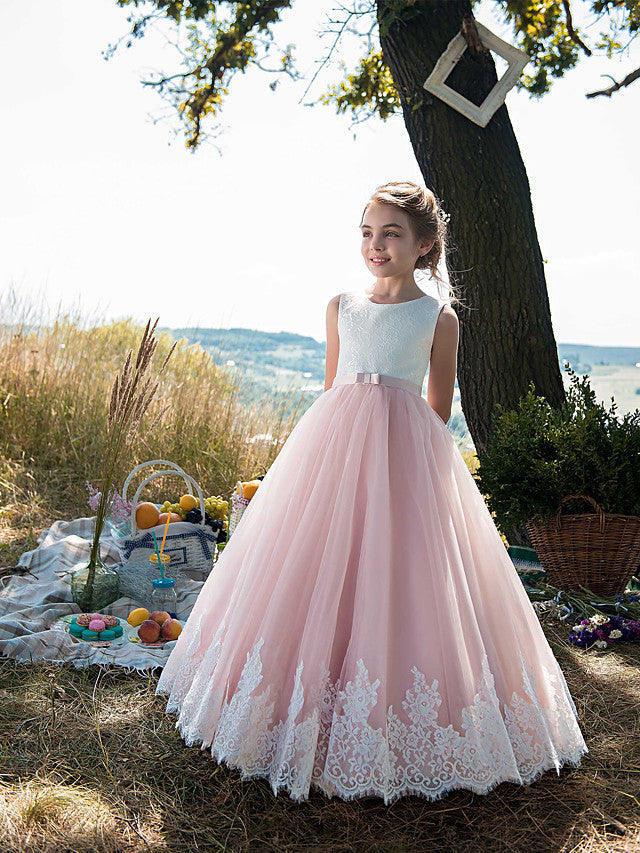 Long Princess Tulle Cotton Jewel Neck Party Birthday Pageant Flower Girl Dresses