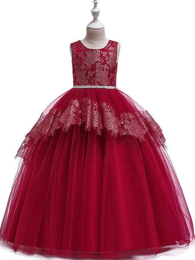 Long Princess Tulle Lace Junior Bridesmaid Dress With Bow