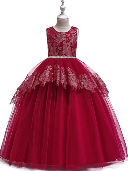 Long Princess Tulle Lace Junior Bridesmaid Dress With Bow