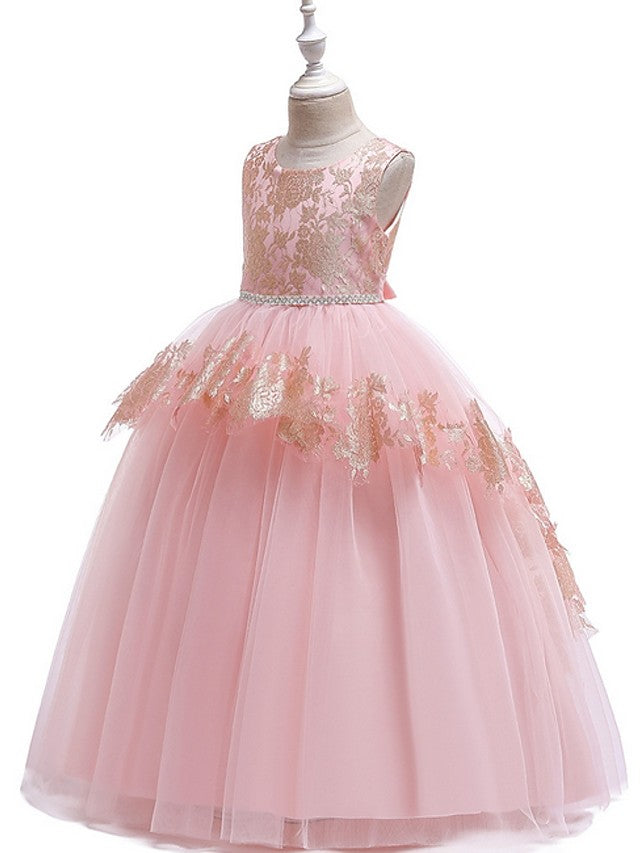 Long Princess Tulle Lace Junior Bridesmaid Dress With Bow