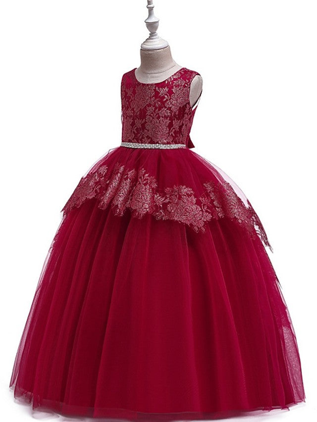 Long Princess Tulle Lace Junior Bridesmaid Dress With Bow