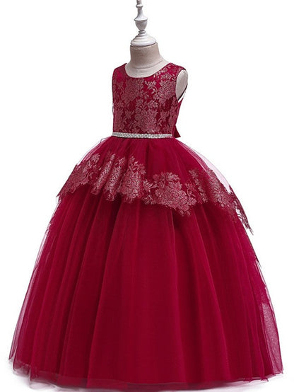 Long Princess Tulle Lace Junior Bridesmaid Dress With Bow