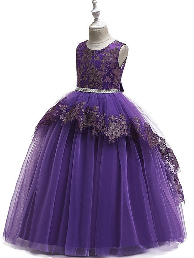 Long Princess Tulle Lace Junior Bridesmaid Dress With Bow