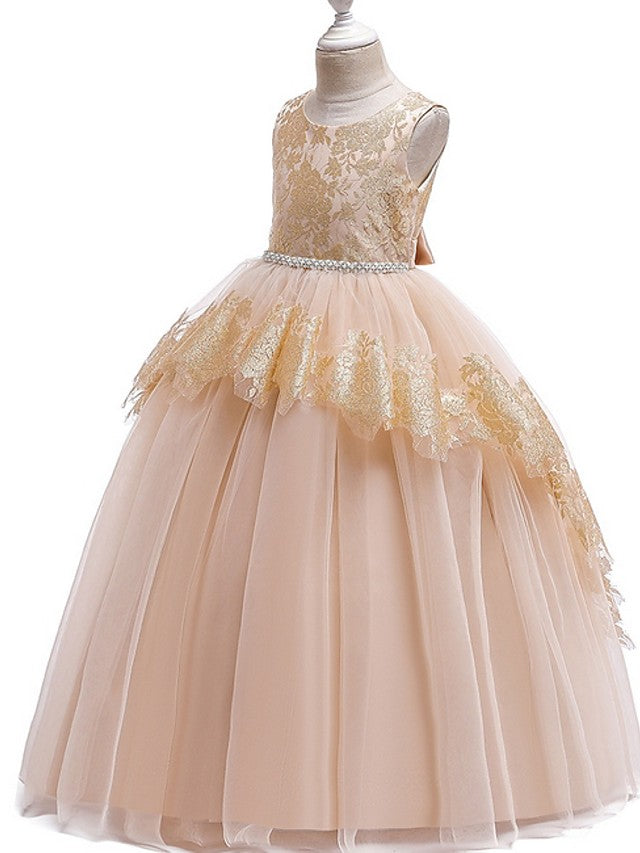 Long Princess Tulle Lace Junior Bridesmaid Dress With Bow