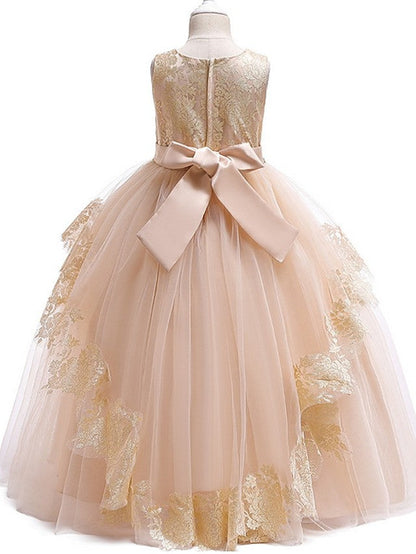 Long Princess Tulle Lace Junior Bridesmaid Dress With Bow