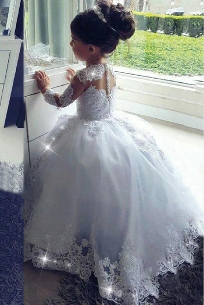 Long Princess Tulle Lace Scoop Neck flower girl dresses with Sleeves