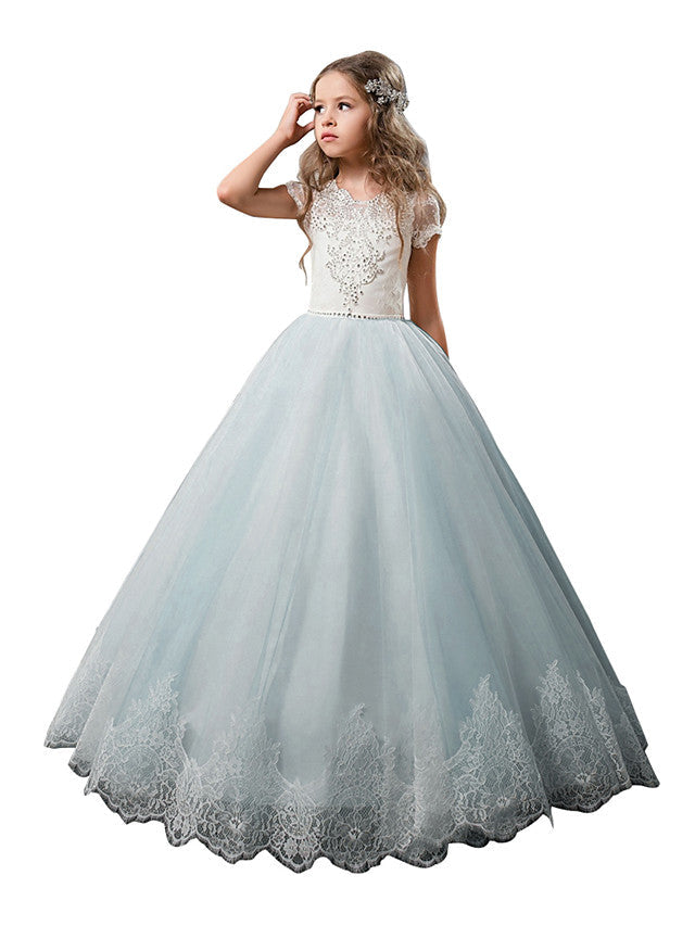 Long Princess Tulle Lace Wedding Birthday First Communion Flower Girl Dresses