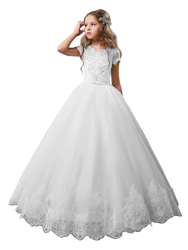 Long Princess Tulle Lace Wedding Birthday First Communion Flower Girl Dresses