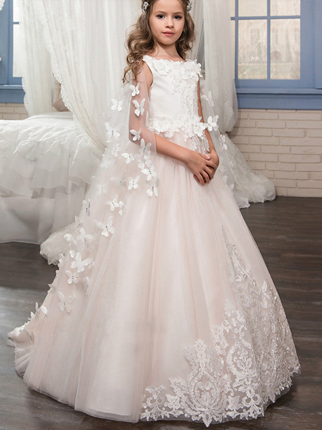 Long Princess Tulle Sleeveless Boat Neck Wedding Birthday Pageant Flower Girl Dresses