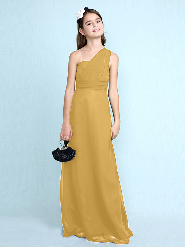 Long Sheath One Shoulder Flower Girl Dresses Chiffon Junior Bridesmaid Dress