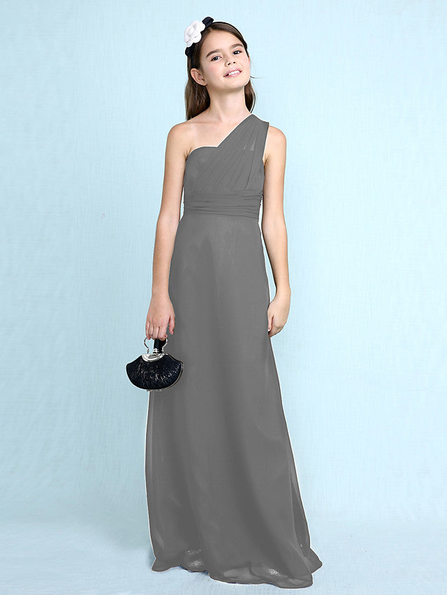 Long Sheath One Shoulder Flower Girl Dresses Chiffon Junior Bridesmaid Dress