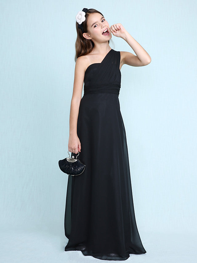 Long Sheath One Shoulder Flower Girl Dresses Chiffon Junior Bridesmaid Dress