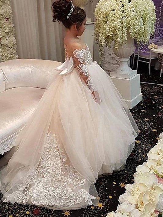 Long Sleeve Ball Gown Court Train Off the Shoulder Wedding Flower Girl Dresses