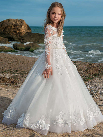 Long Sleeve Ball Gown Jewel Neck Lace Tulle Wedding Party Flower Girl Dresses