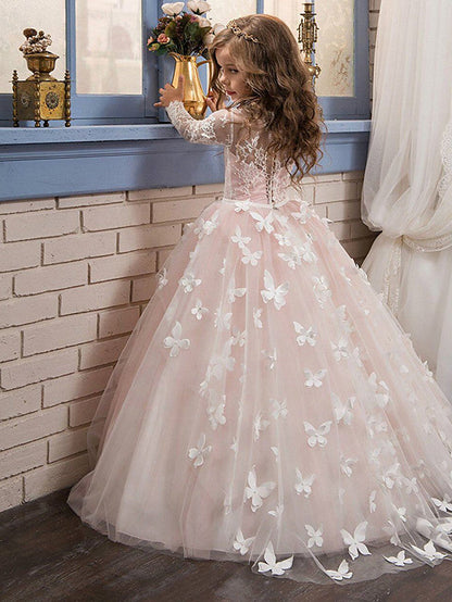 Long Sleeve Ball Gown Lace Jewel Neck First Communion Birthday Flower Girl Dresses