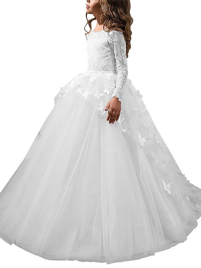 Long Sleeve Ball Gown Lace Jewel Neck First Communion Birthday Flower Girl Dresses