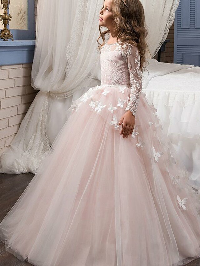 Long Sleeve Ball Gown Lace Jewel Neck First Communion Birthday Flower Girl Dresses