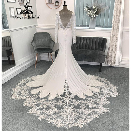 NumberSea - Long Sleeve Lace Court Train Mermaid/Trumpet Wedding Dress for Women 2024 Soft Satin Bridal Gown vestido para boda playa Sexy