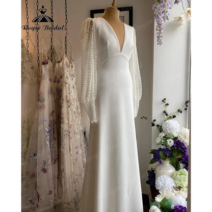 NumberSea - Long Sleeve Lace Soft Satin V Neck Open Back Wedding Dress Women 2024 Robe Boheme Femme Chic Bridal Receipt Dinner Party Gown