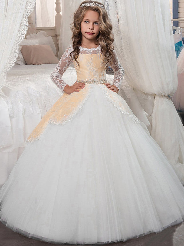 Long Sleeve Princess Tulle Jewel Neck Christmas Birthday First Communion Flower Girl Dresses