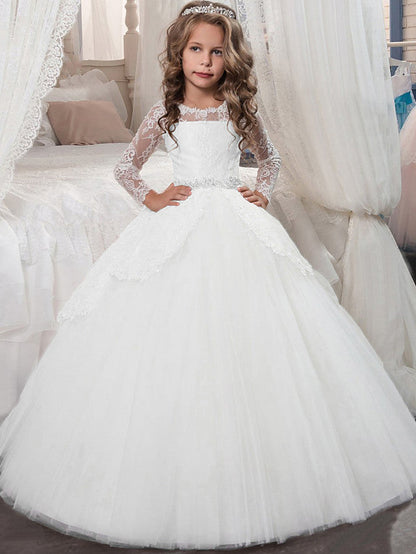 Long Sleeve Princess Tulle Jewel Neck Christmas Birthday First Communion Flower Girl Dresses