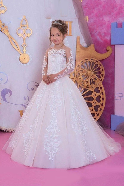 Long Sleeves A-line Lace Applique Organza Flower Girl Dresses