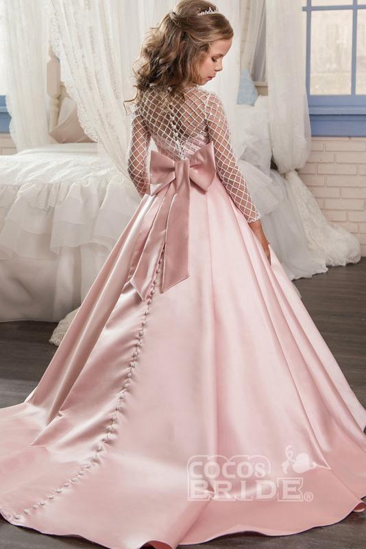 Long Sleeves Ball Gown Satin Scoop Neck Flower Girl Dresses with Pockets