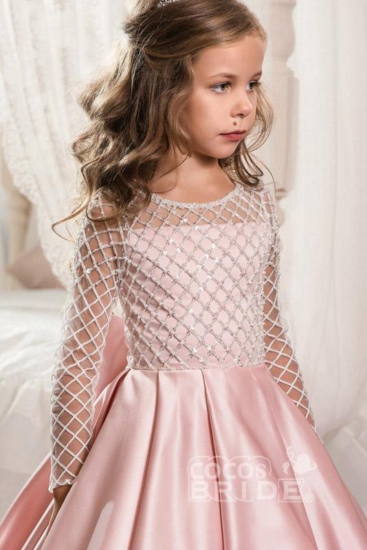 Long Sleeves Ball Gown Satin Scoop Neck Flower Girl Dresses with Pockets