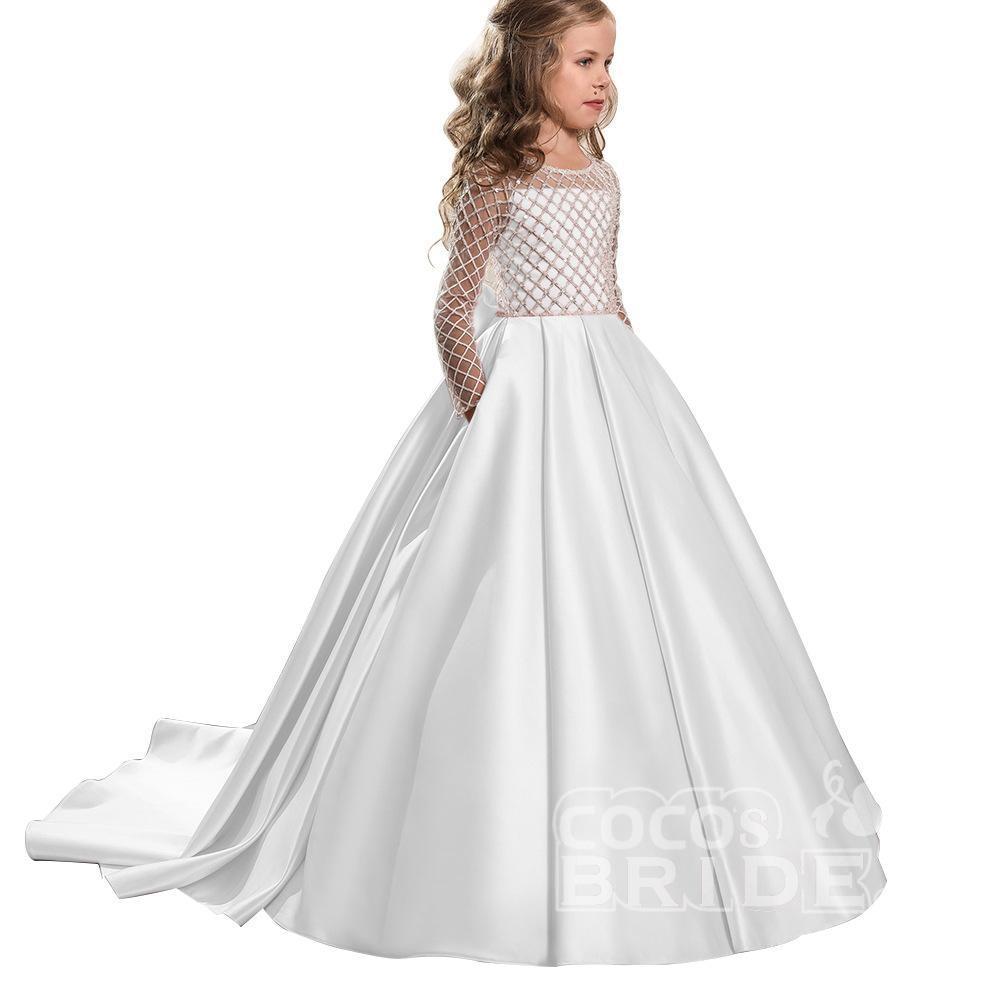 Long Sleeves Ball Gown Satin Scoop Neck Flower Girl Dresses with Pockets