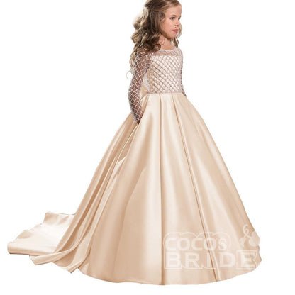 Long Sleeves Ball Gown Satin Scoop Neck Flower Girl Dresses with Pockets