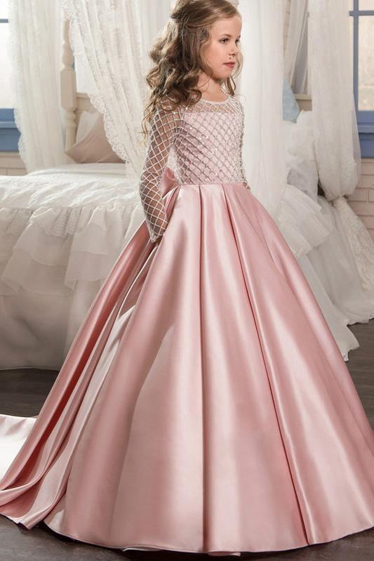 Long Sleeves Ball Gown Satin Scoop Neck Flower Girl Dresses with Pockets