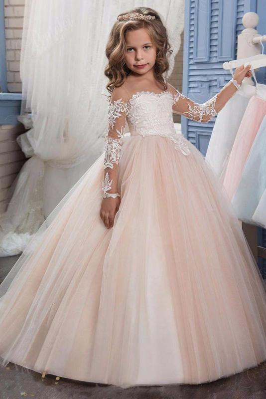 Long Sleeves Ball Gown Tulle Lace Scoop Neck Flower Girl Dresses