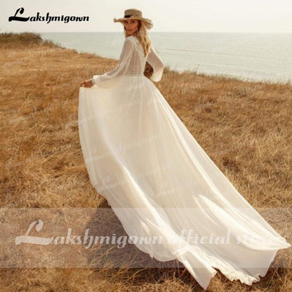 NumberSea Long Sleeves Beach Wedding Dresses Lace Deep V Neck