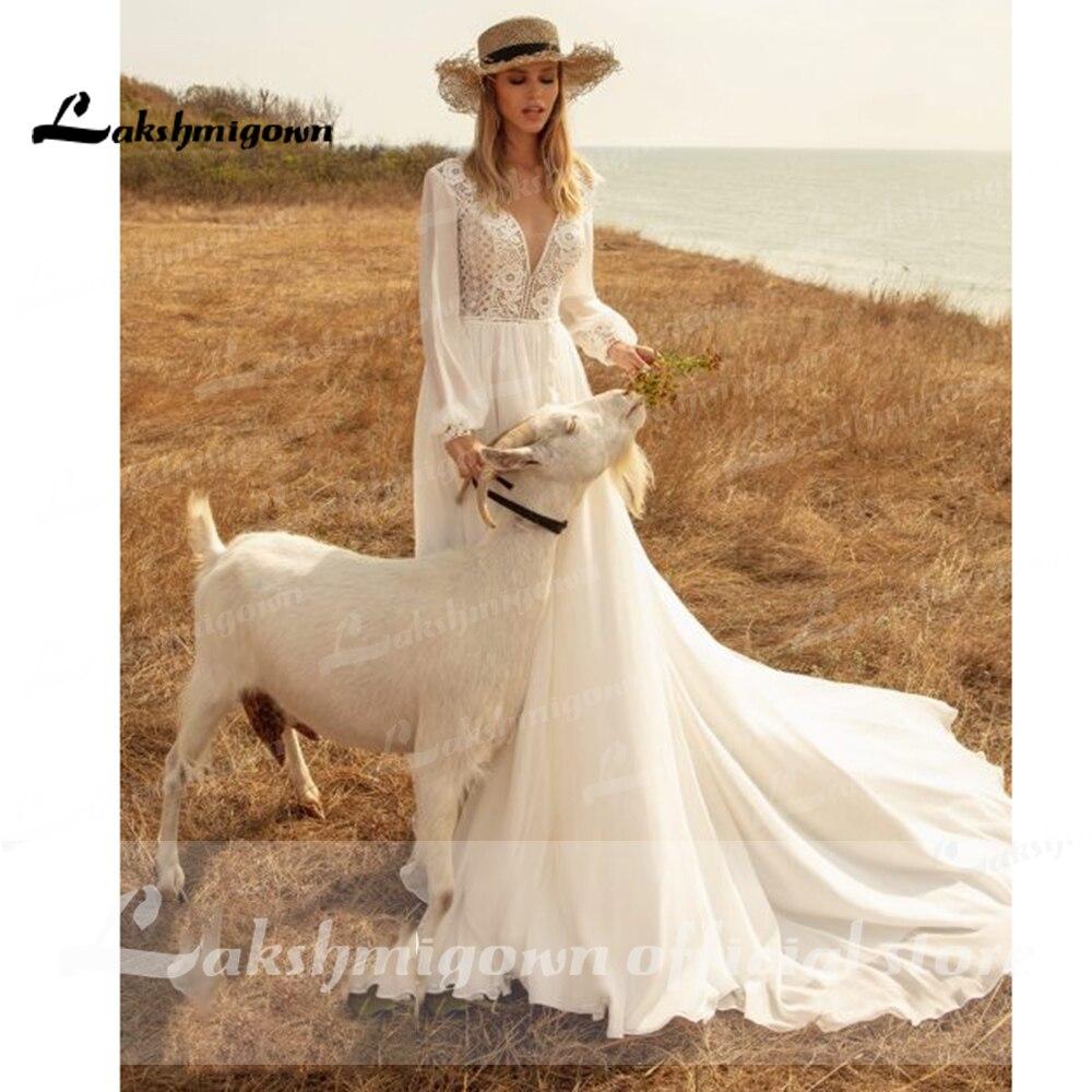 NumberSea Long Sleeves Beach Wedding Dresses Lace Deep V Neck