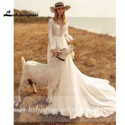 NumberSea Long Sleeves Beach Wedding Dresses Lace Deep V Neck