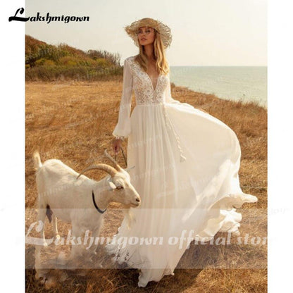 NumberSea Long Sleeves Beach Wedding Dresses Lace Deep V Neck