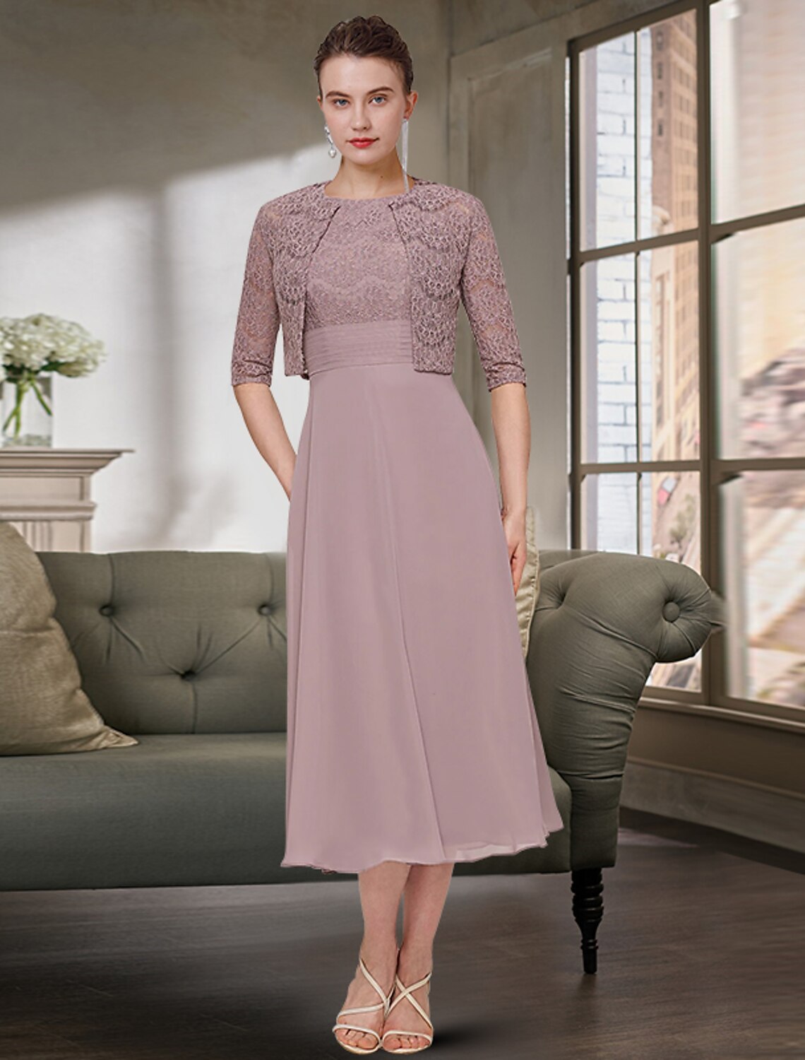 Zweiteiliges Kleid für die Mutter der Braut, Hochzeitsgast, eleganter Rundhalsausschnitt, wadenlang, Chiffon, Spitze, halbe Ärmel, einfarbig