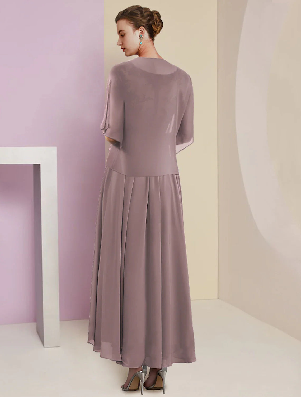 Zweiteiliges A-Linien-Kleid für die Mutter der Braut, formelle Hochzeitsgäste, elegantes V-Ausschnitt-Kleid in wadenlanger Chiffon-Spitze, kurzärmelige Jackenkleider mit Faltenapplikationen