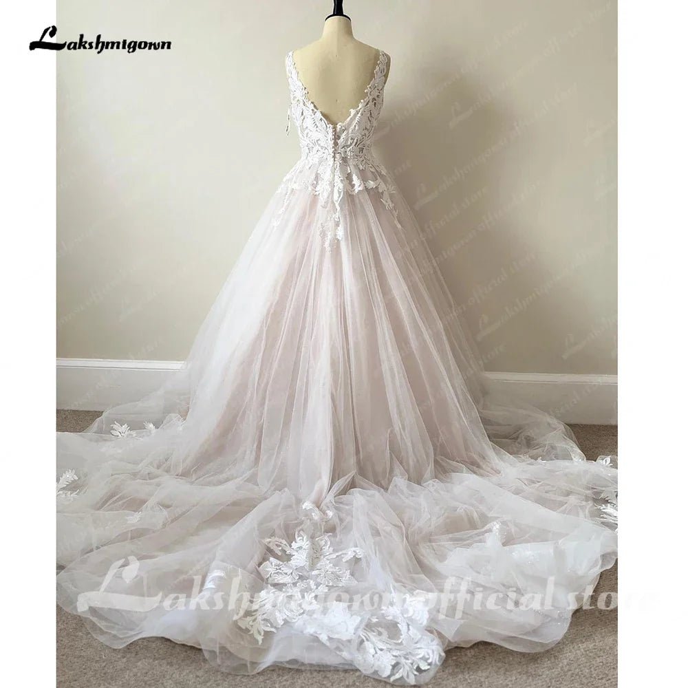 NumberSea - Luxury Blush Pink Lace Wedding Dresses For Church 2025 Open Back Sexy Bridal Boho A Line Wedding Dresses Long Train NumberSea