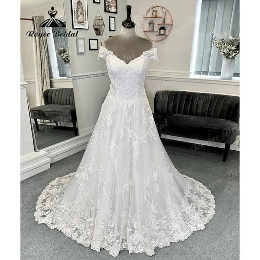 NumberSea - Luxury Full Lace V Neck Off Shoulder Women Wedding Dress with Short Cap Sleeve 2024 Hochzeits Bridal Gown Vestidos de Boda Sexy