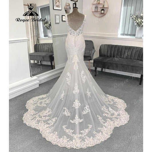 NumberSea - Luxury Lace Mermaid V Neck Wedding Dress Appliques 2024 Women Bridal Gown Custom Made vestido de boda corte sirena NumberSea