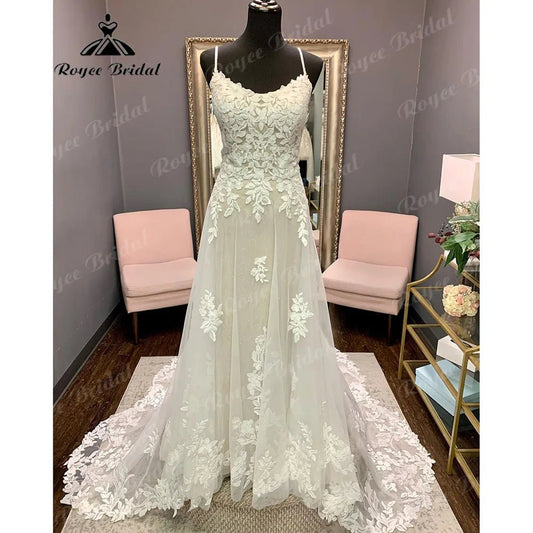 NumberSea - Luxury Robe Lace Appliques Spaghetti Straps Wedding Dress Backless 2024 Bridal Gown Court Train vestido de novia NumberSea