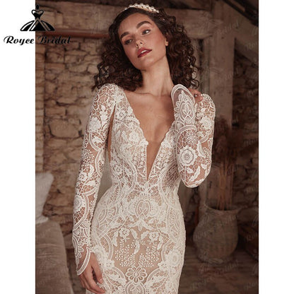 NumberSea - Mermaid Boho Bohemia Wedding Dress with Detachable Tank Long Sleeve Lace Deep V Neck Backlesss Bridal Gowns Robe De Mariée 2022