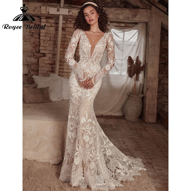 NumberSea - Mermaid Boho Bohemia Wedding Dress with Detachable Tank Long Sleeve Lace Deep V Neck Backlesss Bridal Gowns Robe De Mariée 2022